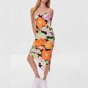 Multicolor Floral Asymmetrical Midi Slip Dress